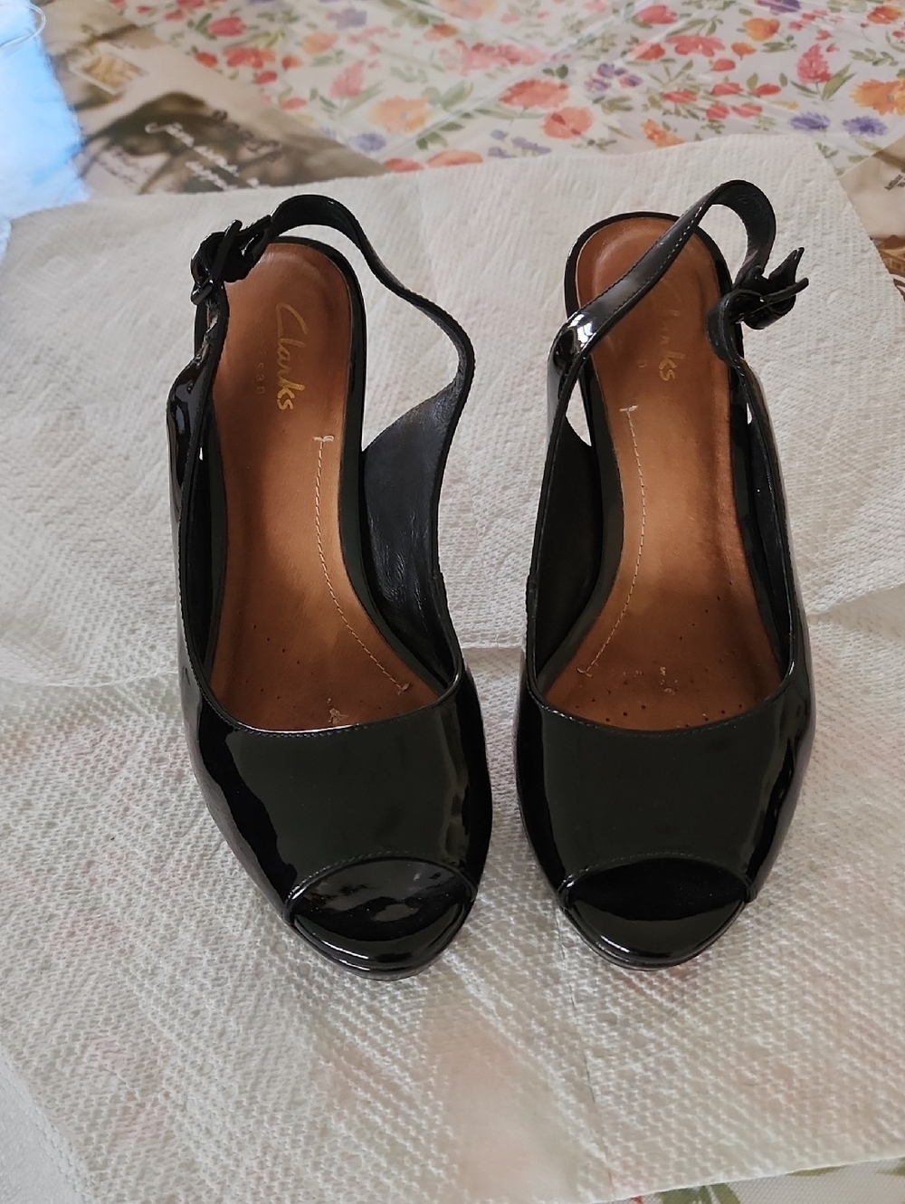 Clarks Black Patent Slingback Peep-Toe Heels